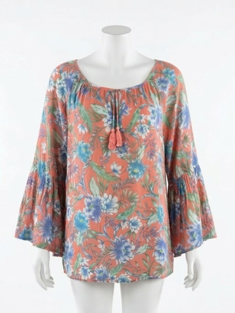 Counterparts Floral Boho Peasant Blouse Bell Sleeve Tassel Tie XL